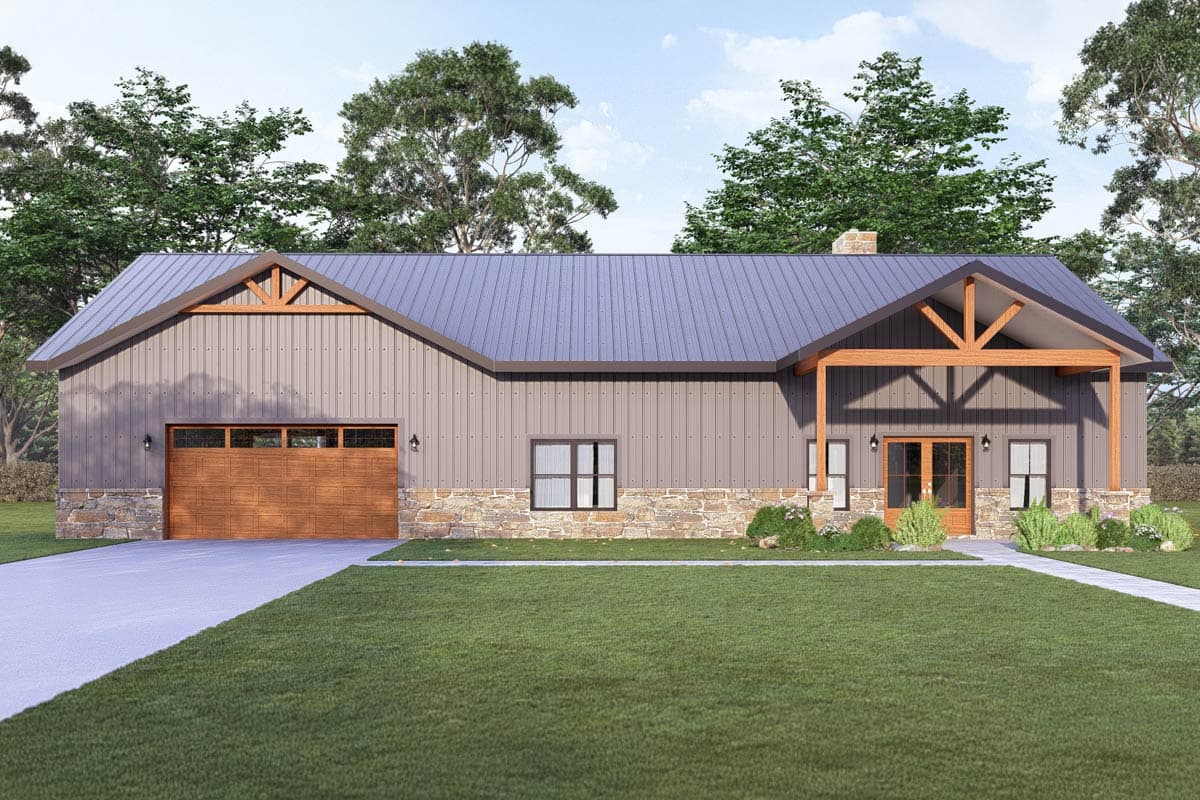 House plan exterior of a one-story Modern Farmhouse with metal siding, stone wainscoting, a gable roof, and a large wooden garage door.
