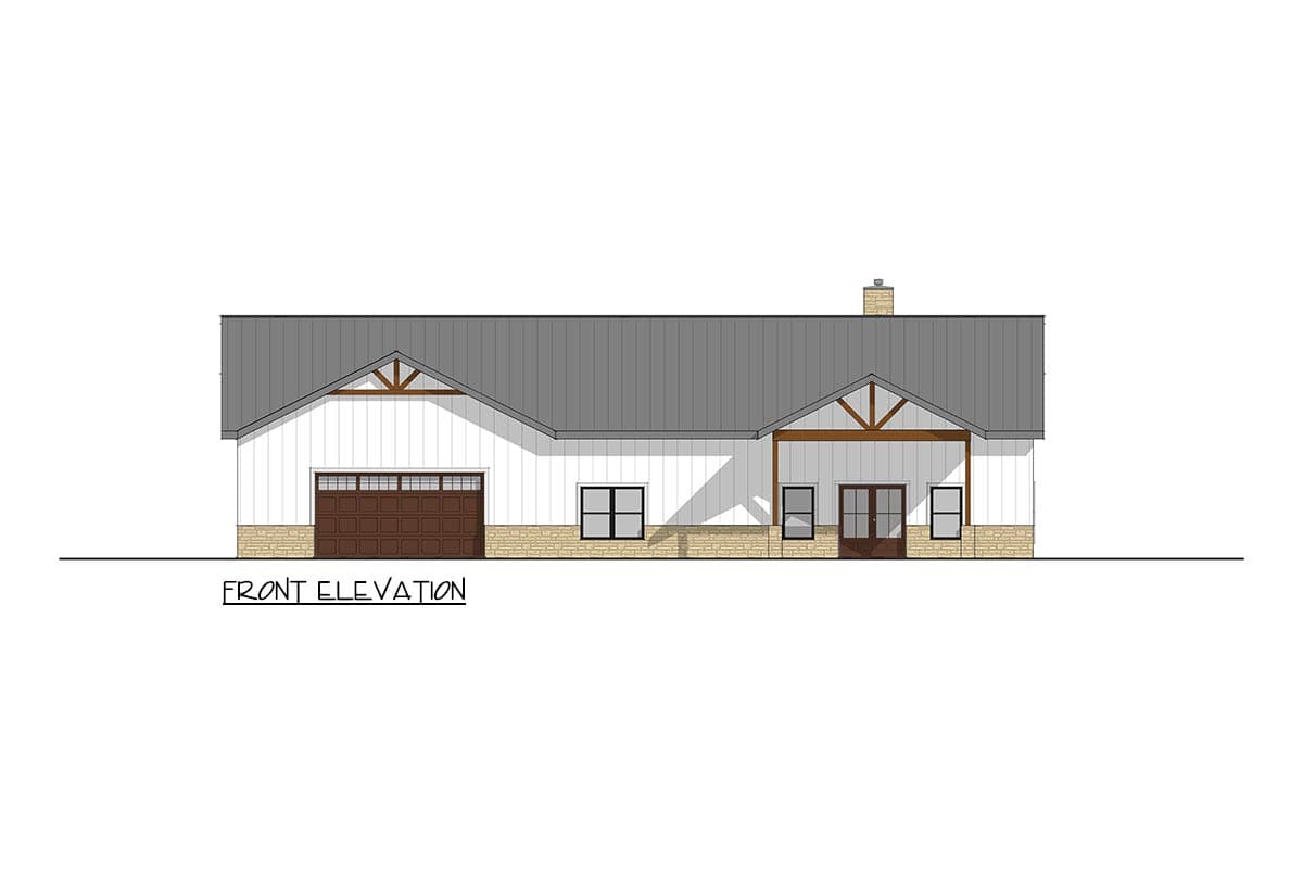 Front elevation of a single-story house plan with a metal roof, gables, garage, covered entry, and stone accent.