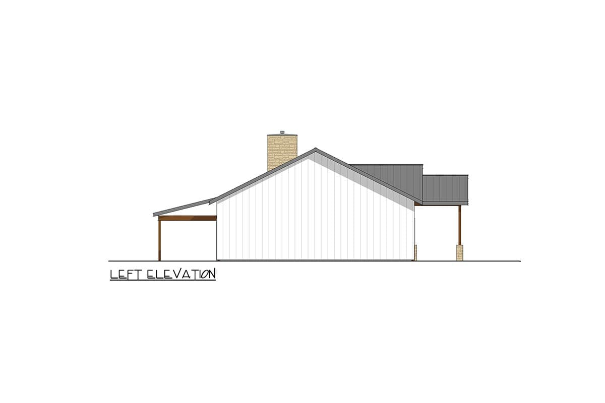 Left elevation drawing of a house plan, showing a pitched roofline, a stone chimney, and covered porch.