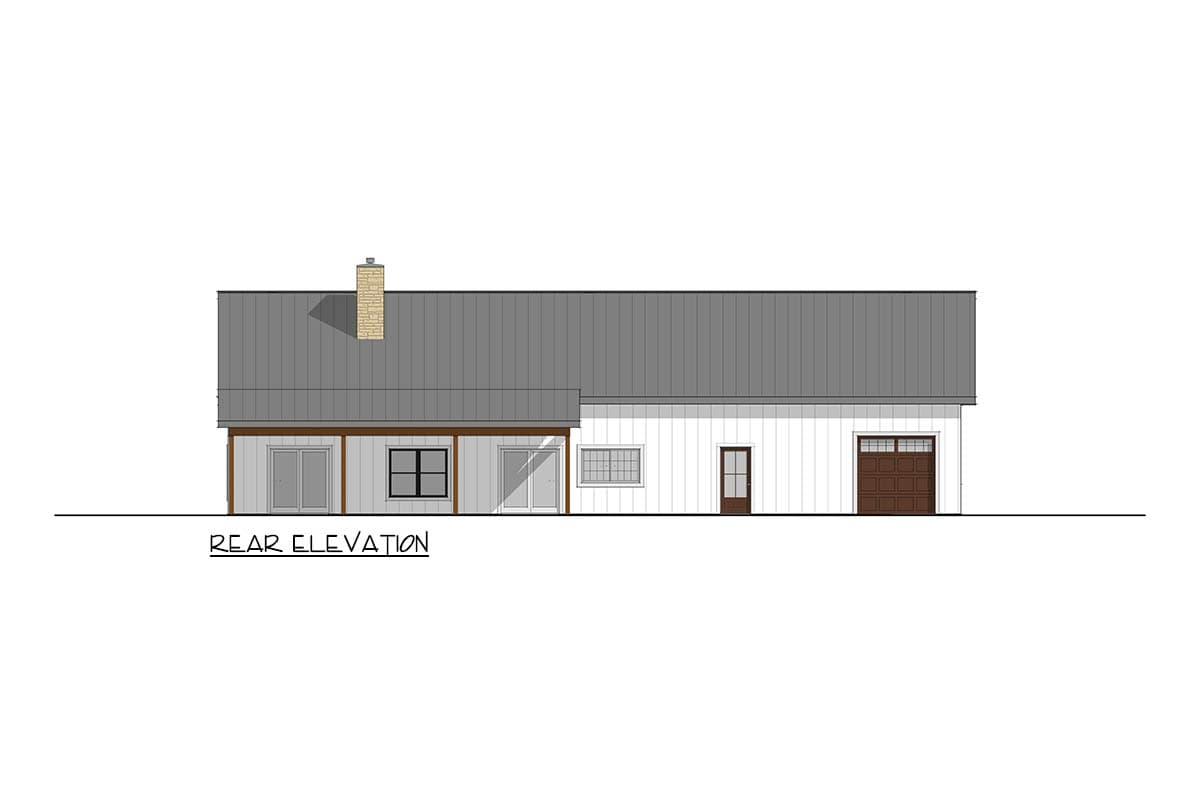 Rear elevation drawing of a house plan featuring a gable roof, chimney, porch, and attached garage.