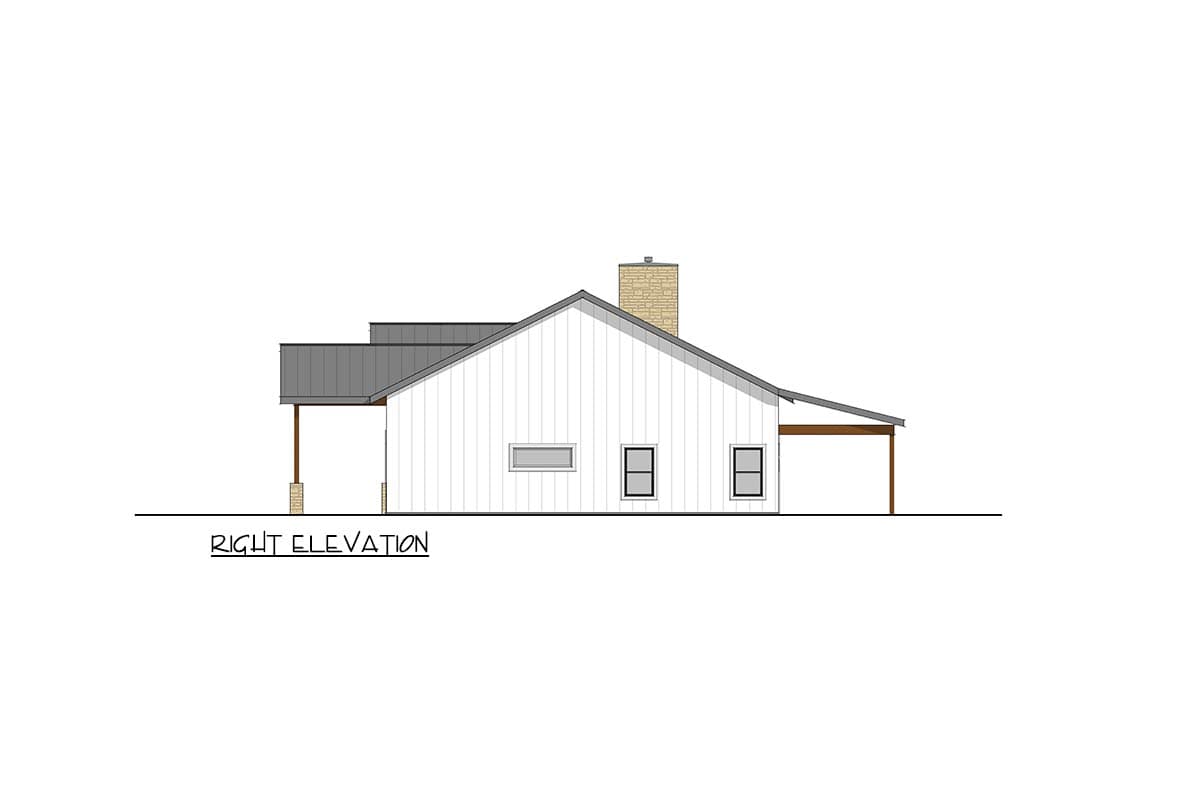 Right elevation house plan with gable roof, vertical siding, chimney, and covered porch.