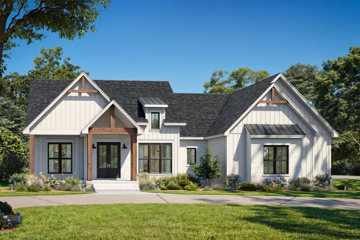 Modern Farmhouse house plan exterior with board and batten siding, gable roof, covered front porch, and dormer.