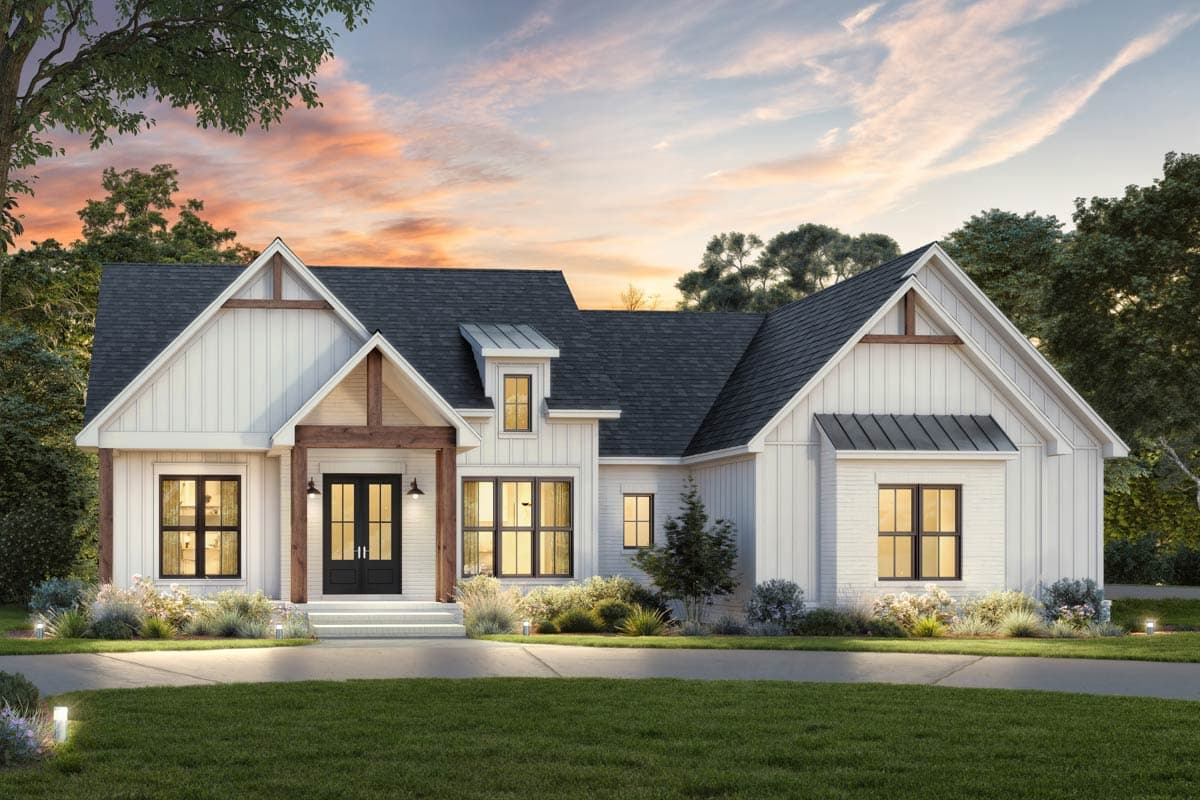 Modern Farmhouse house plan exterior with board and batten siding, gables, dormer, and covered entry with double doors.