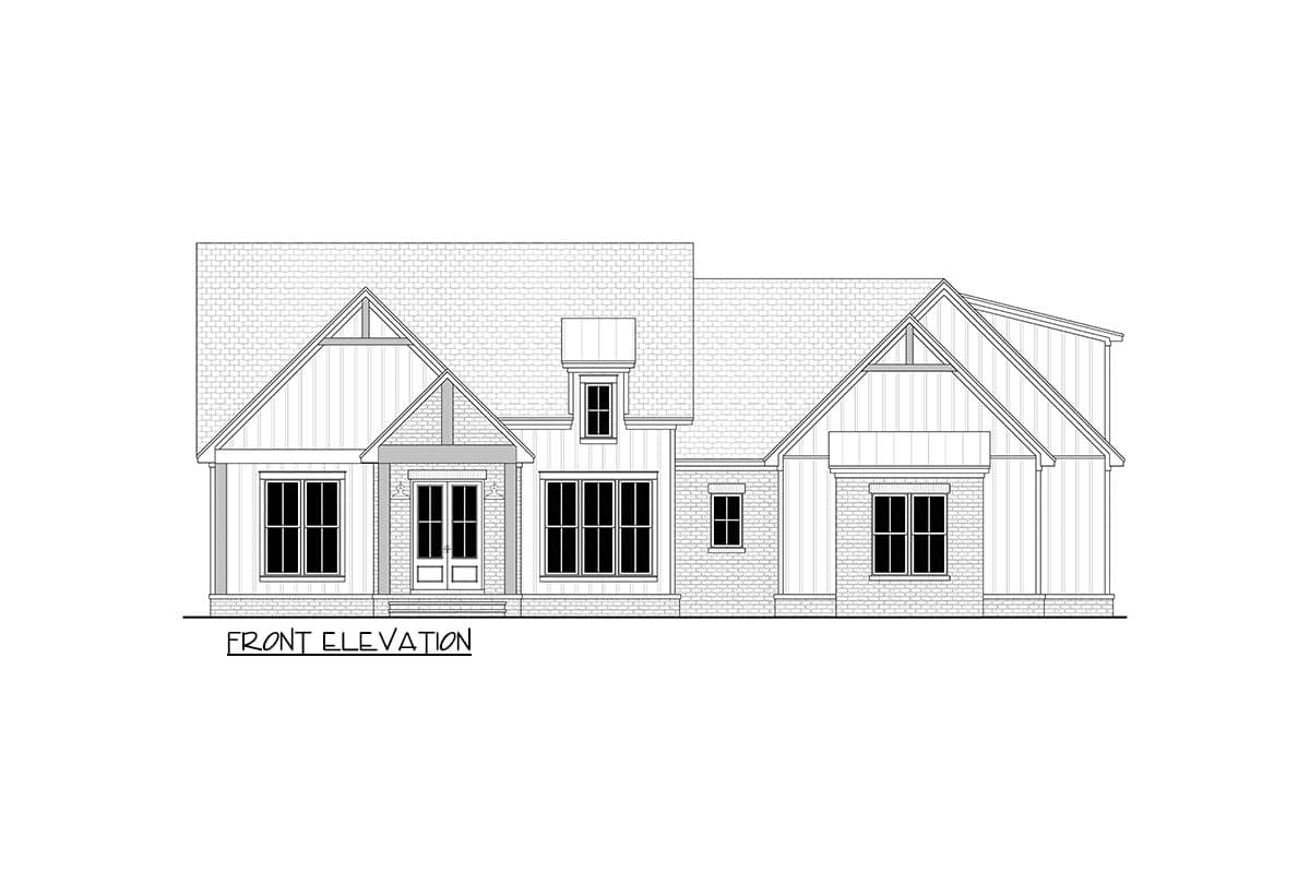 Front elevation drawing of a one-story house plan with gables, a dormer, and a prominent front entrance.