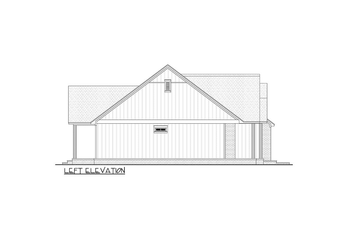 Left elevation drawing of a house plan with gabled roof, vertical siding, dormer, and columns.