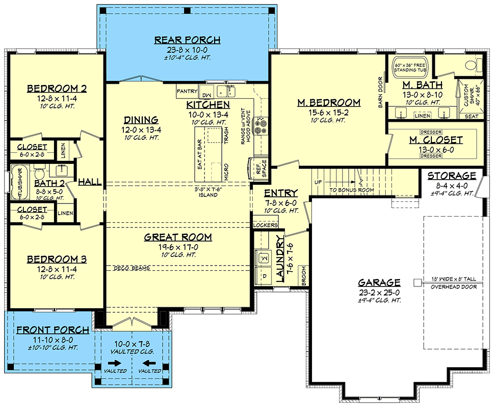 Plan 52016HZ: Modern Farmhouse House Plan with Split Beds and Optional Bonus - Floor Plan - Main Level - Country, Modern Farmhouse, Traditional