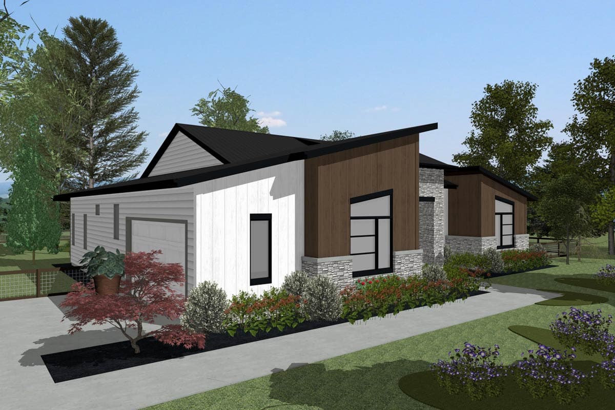 Modern ranch house plan exterior with mixed materials, asymmetrical rooflines, and a two-car garage.