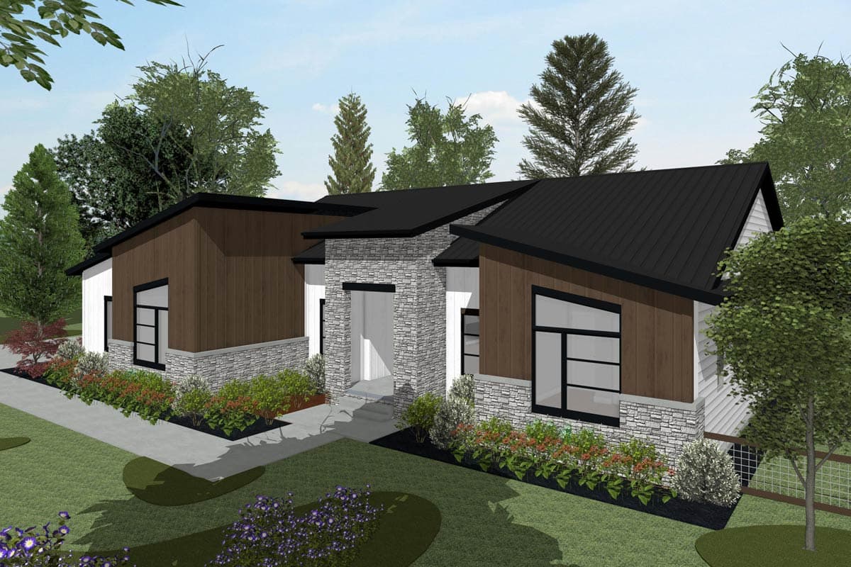 Modern house plan exterior with asymmetrical rooflines, stone and wood siding, and large windows.