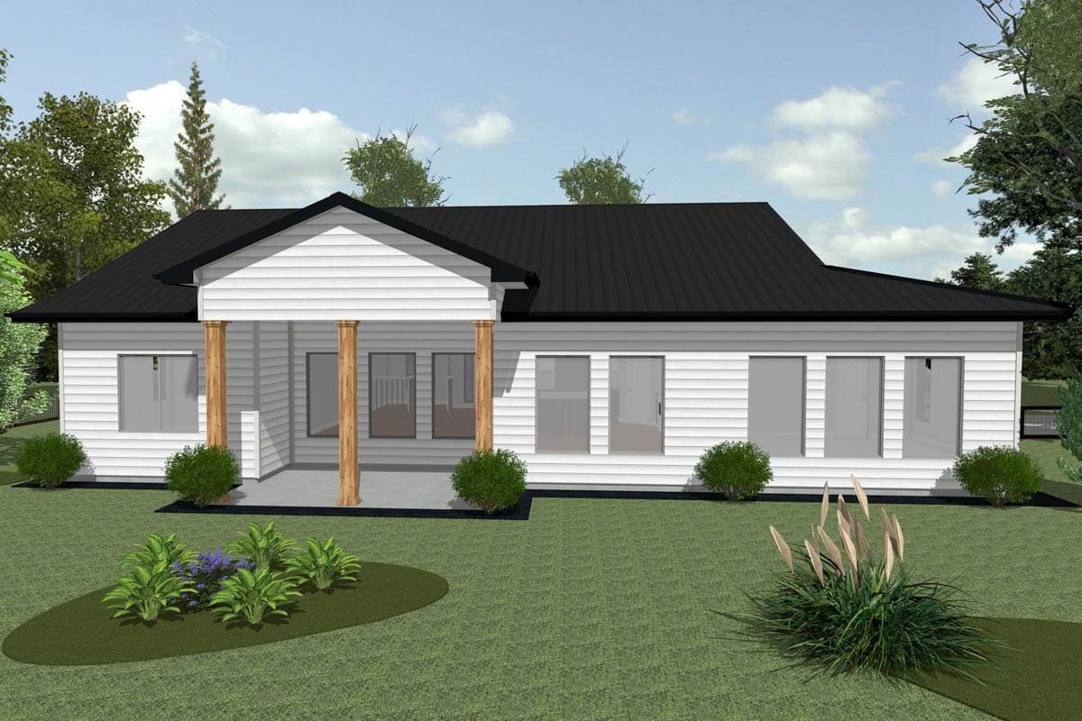 House plan exterior rendering of a single-story home with a covered front porch supported by wooden columns.