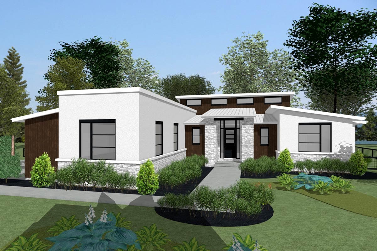 House plan exterior. Modern style, one-story home with a flat roof, prominent rectangular windows, and a covered entry.