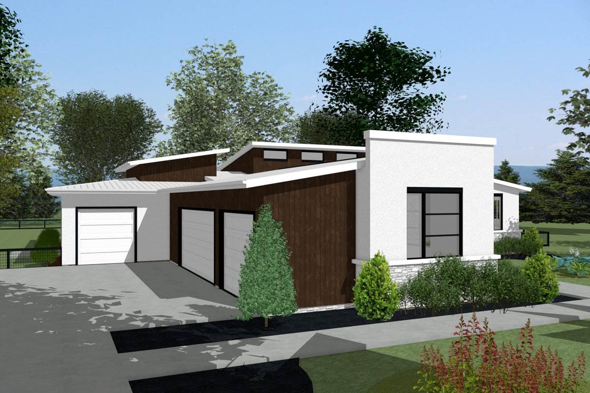Modern house plan exterior with a low-pitched roof, two-car garage, and wood-paneled accents.