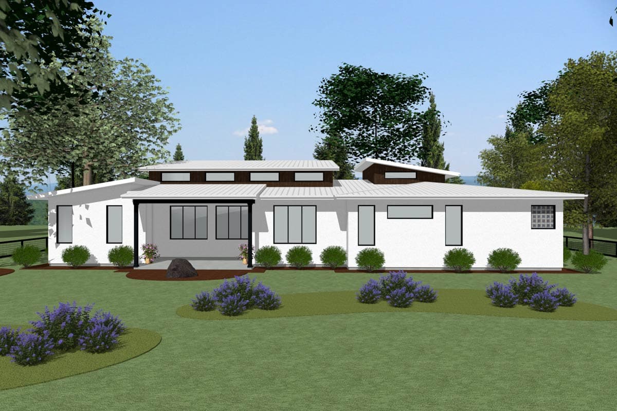 Modern house plan exterior, single story, with flat rooflines, large windows, and a covered patio.