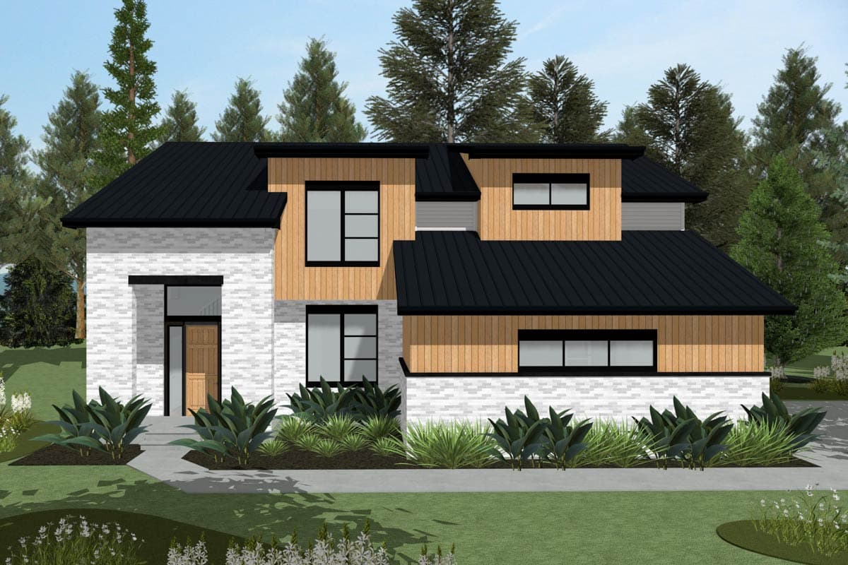House plan exterior: Modern style, two-story, with white brick, wood paneling, and black metal roof.