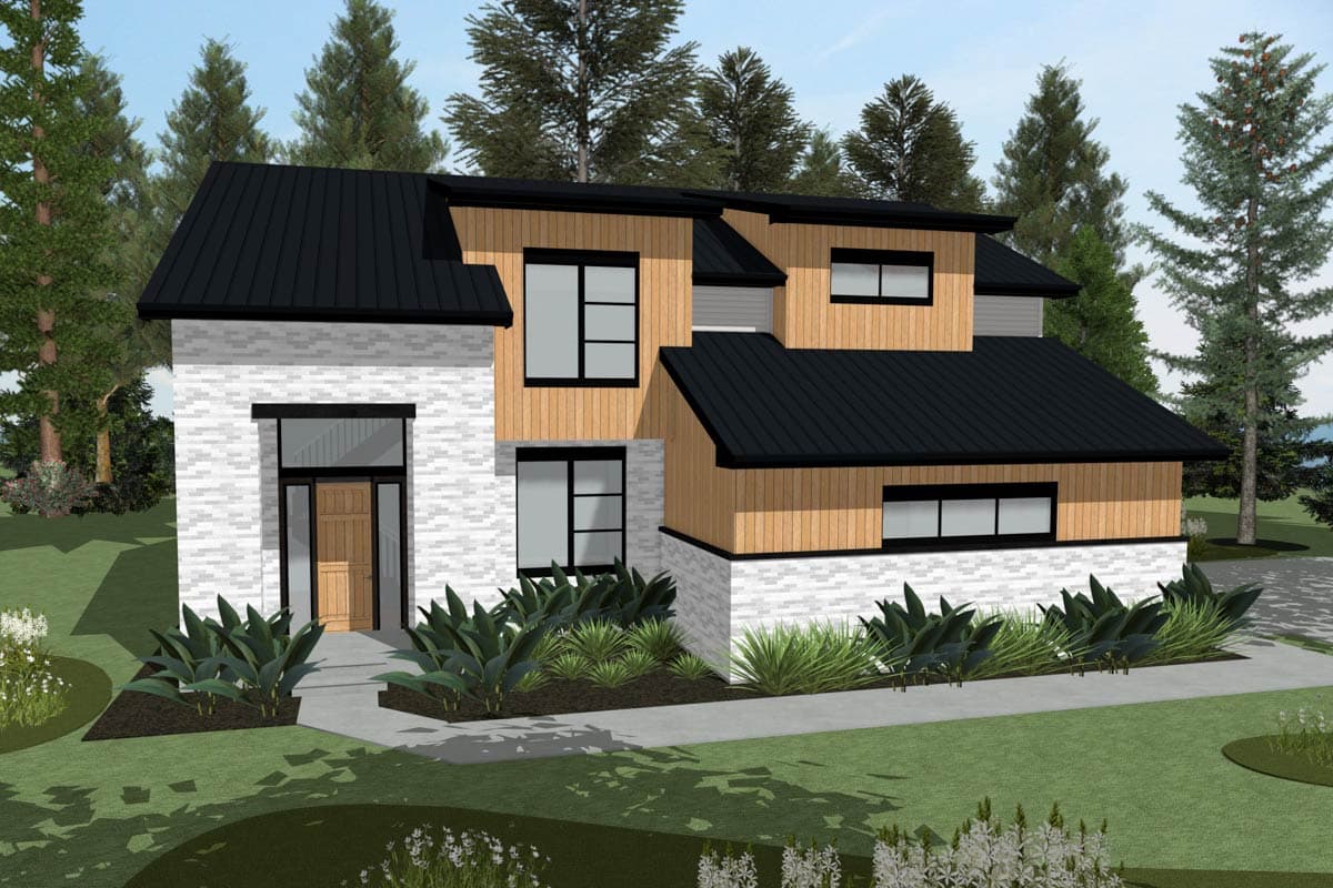 House plan exterior. Two-story Modern house with a black metal roof, vertical wood siding, and white brick accents. Large windows.