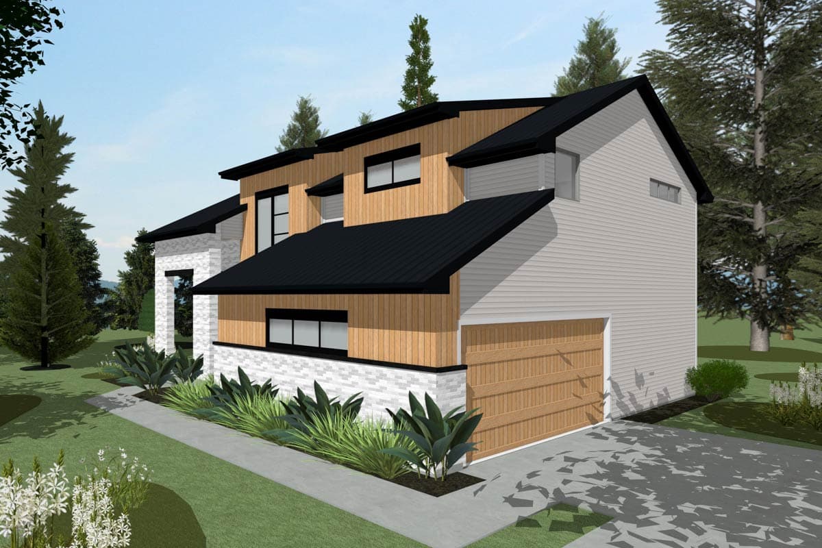 Modern house plan exterior with two stories, black metal roof, wood siding, white brick accents, and attached garage.