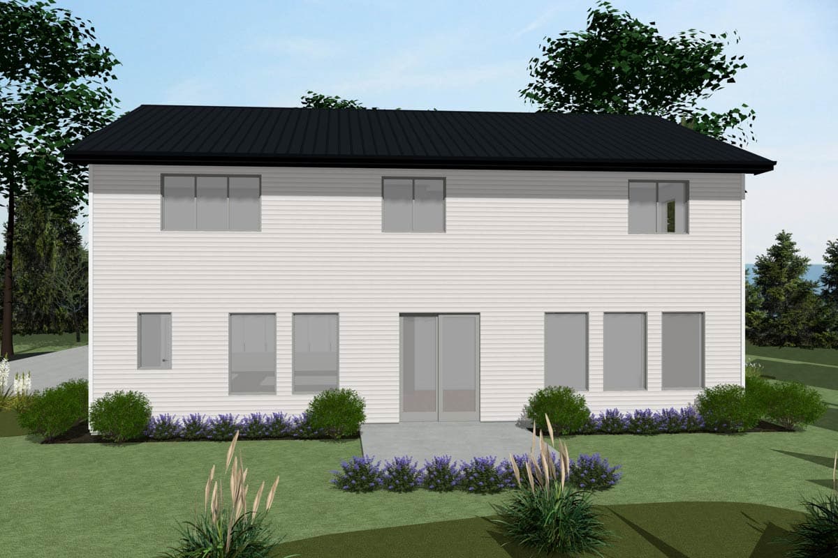 House plan exterior: Two-story home with horizontal siding, a hip roof, and multiple rectangular windows on both levels. Features sliding glass doors.