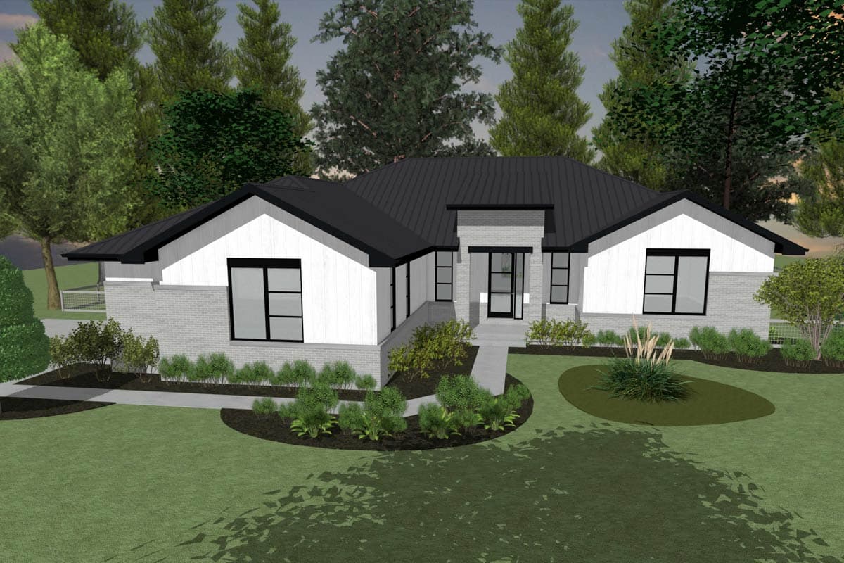 House plan exterior. Modern style, one-story home with a low-pitched roof, horizontal siding, and large windows. Includes a covered entry.