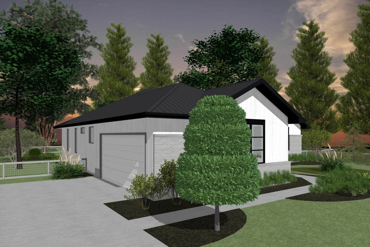 Modern Farmhouse house plan exterior, single story, with a metal roof, side-entry garage, and gabled entry.