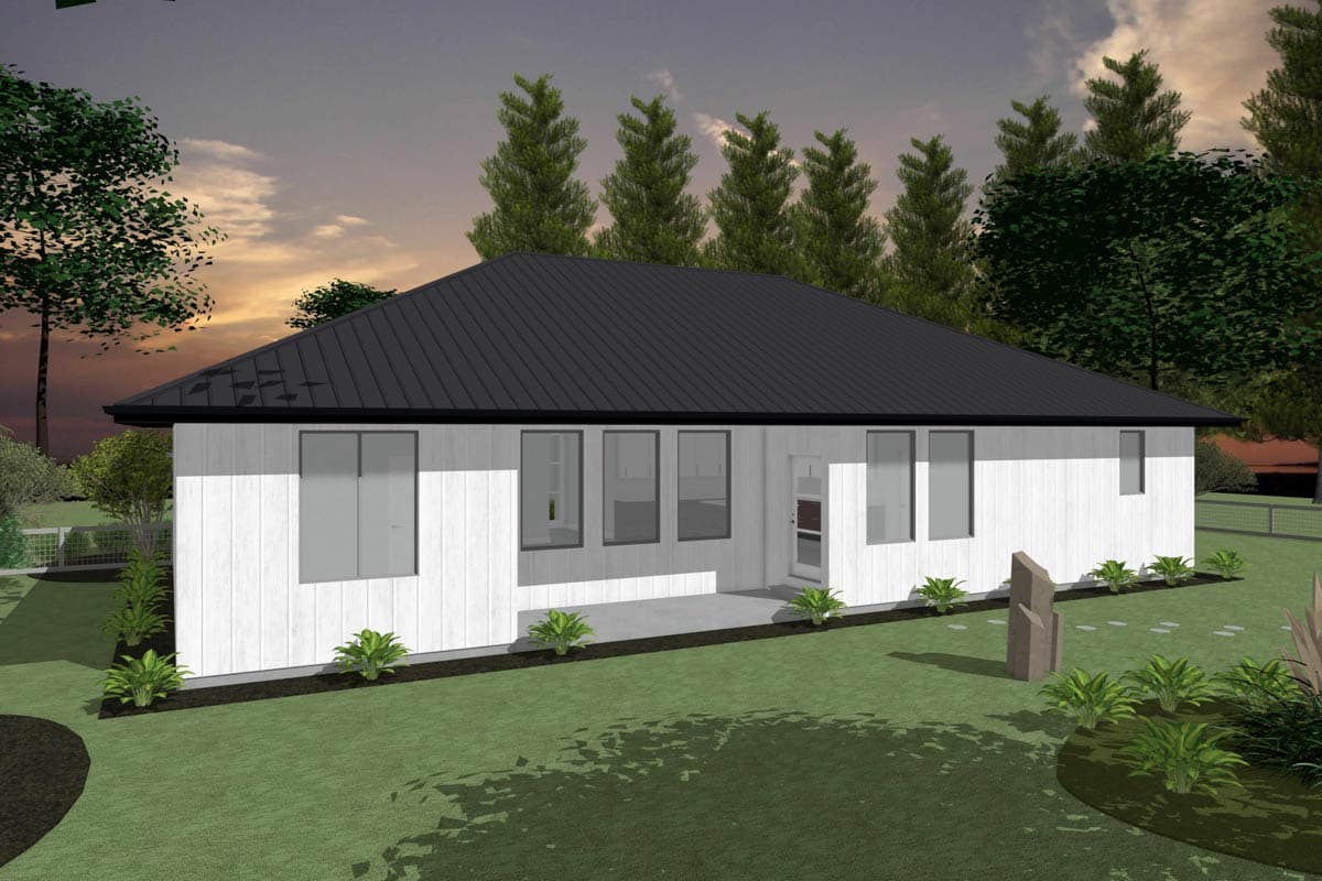 House plan exterior, single-story Modern Farmhouse with black metal roof, white vertical siding, and multiple large windows.