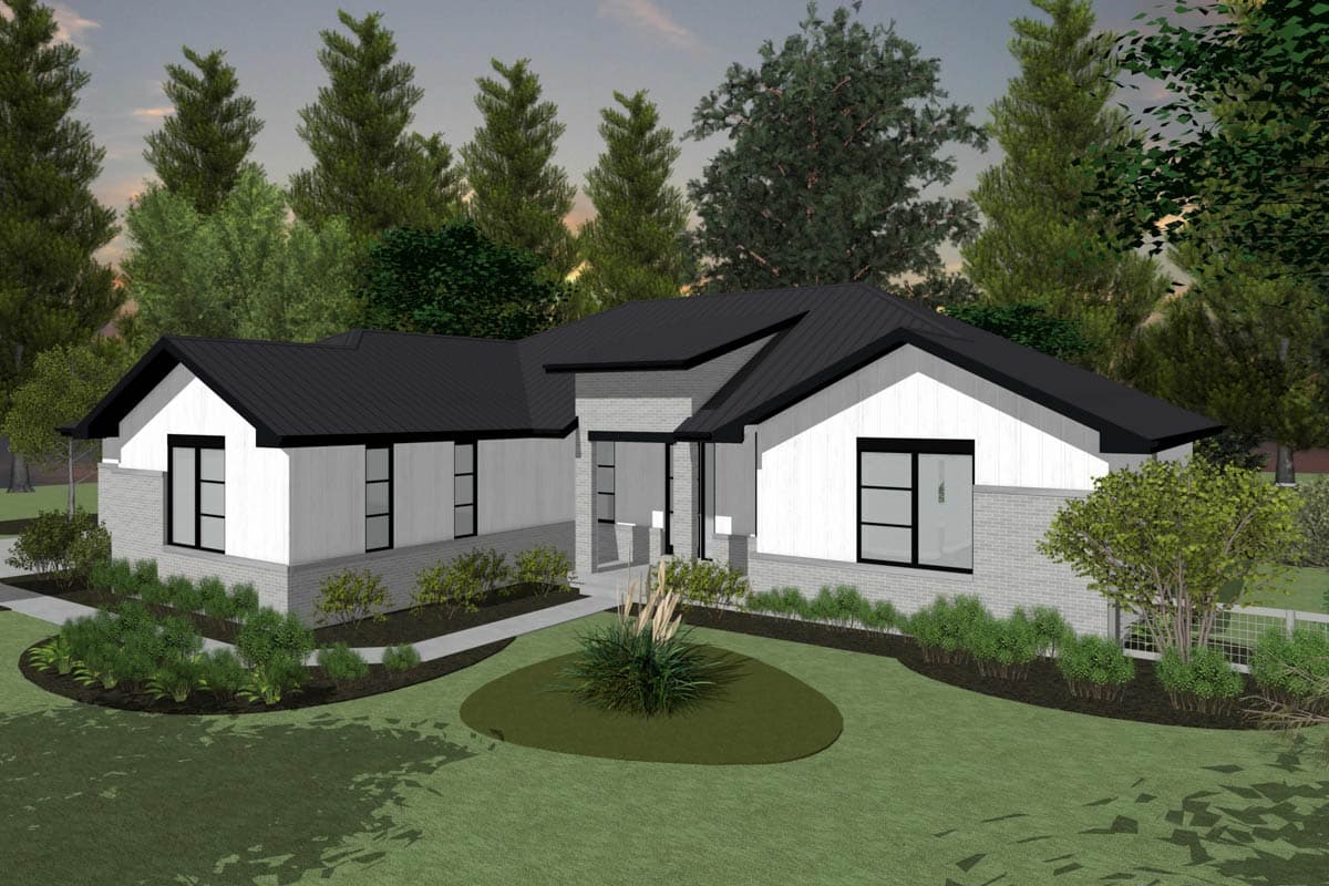 Modern house plan exterior with a low-pitched roof, brick accents, and prominent gables.