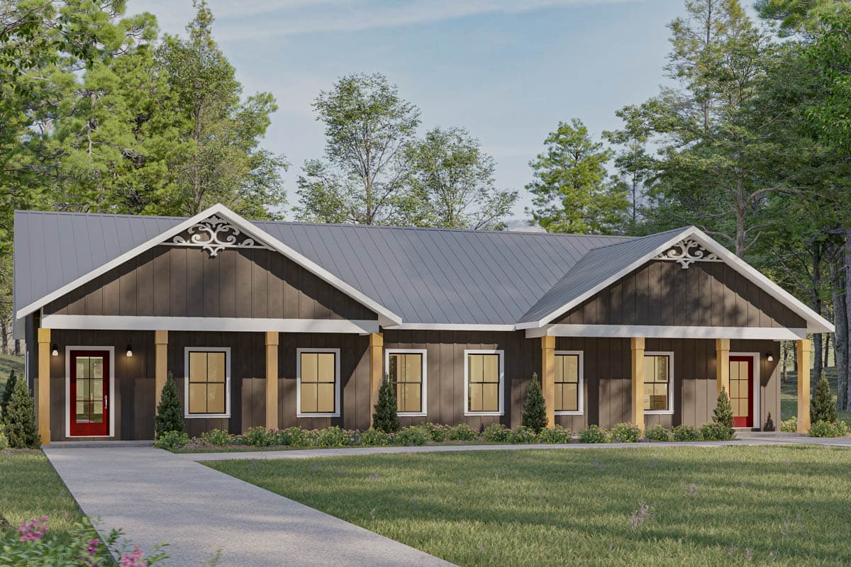 House plan exterior, single-story home with a porch, gables, and metal roof.