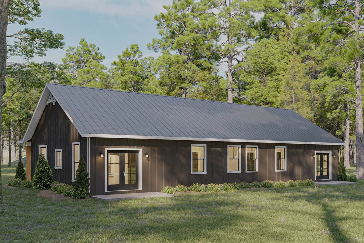 House plan exterior, one-story Modern Farmhouse with a standing seam metal roof, board and batten siding, and double front doors.