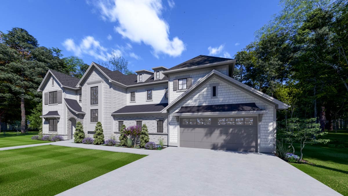 Architectural rendering of a large, modern white house with a gray roof and a well-manicured lawn.