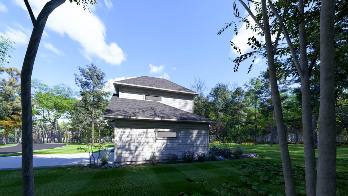 Exterior shot of a modern, two-story house with a grey roof surrounded by trees and a green lawn on a sunny day.