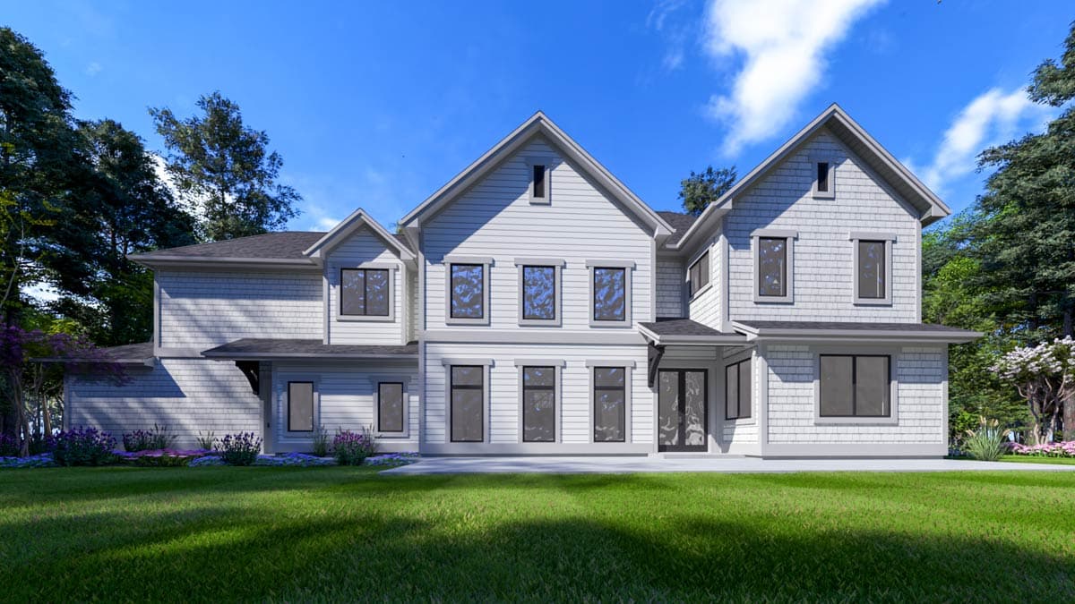 Exterior rendering of a modern, two-story house with white siding, multiple gables, and a lush green lawn.