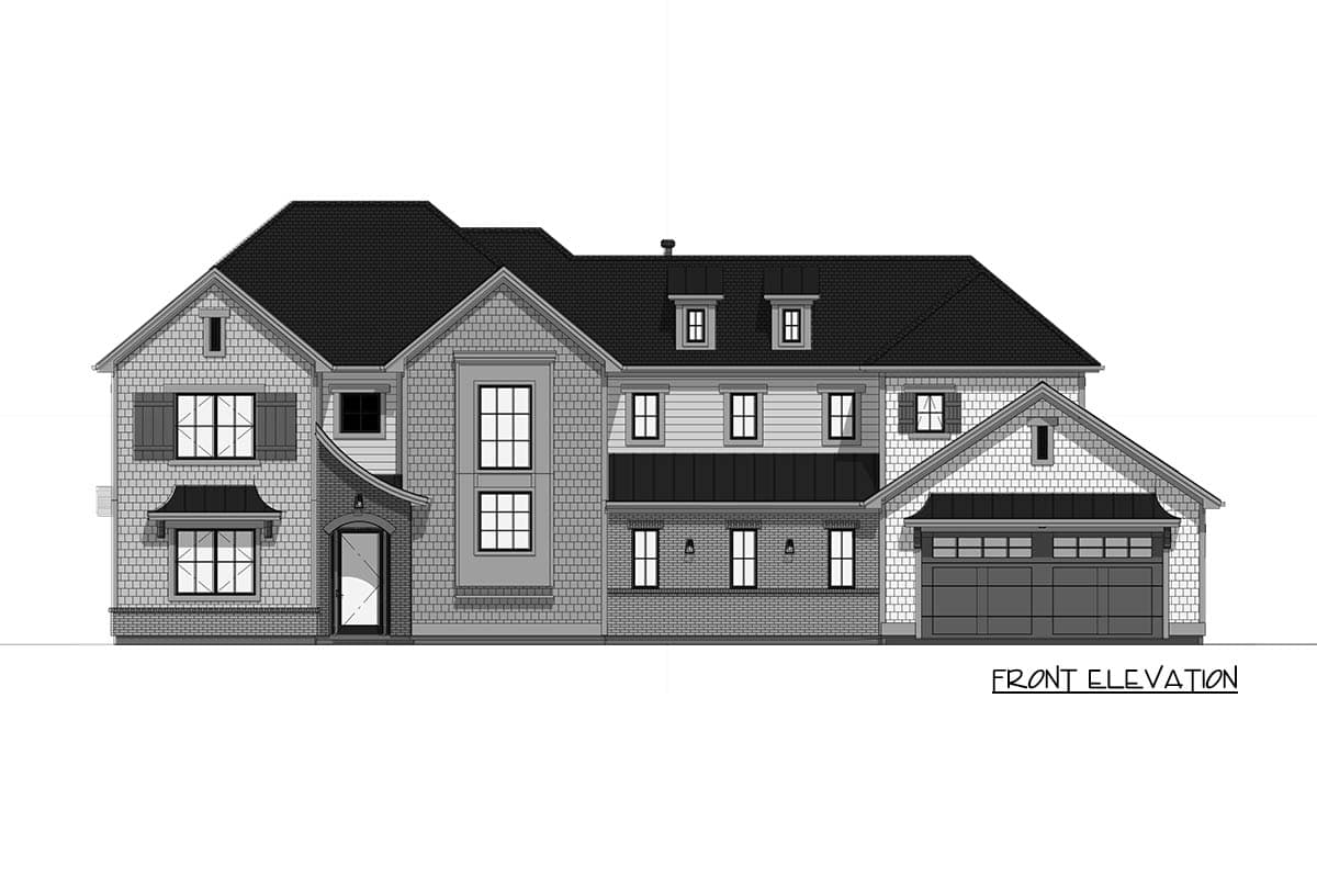 Front elevation drawing of a two-story house with multiple gabled roofs, brick accents, and a garage.
