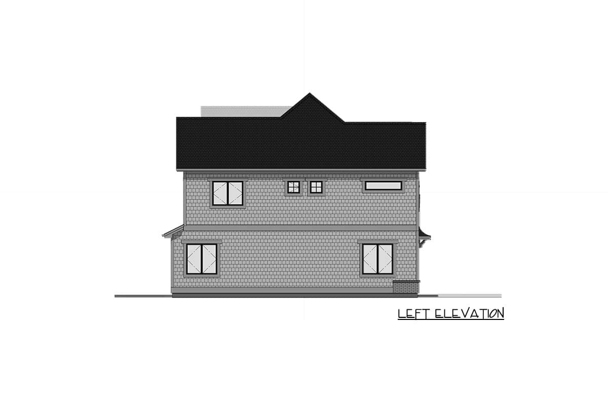 Architectural rendering of the left elevation of a house, showcasing the layout of windows and the roof design.