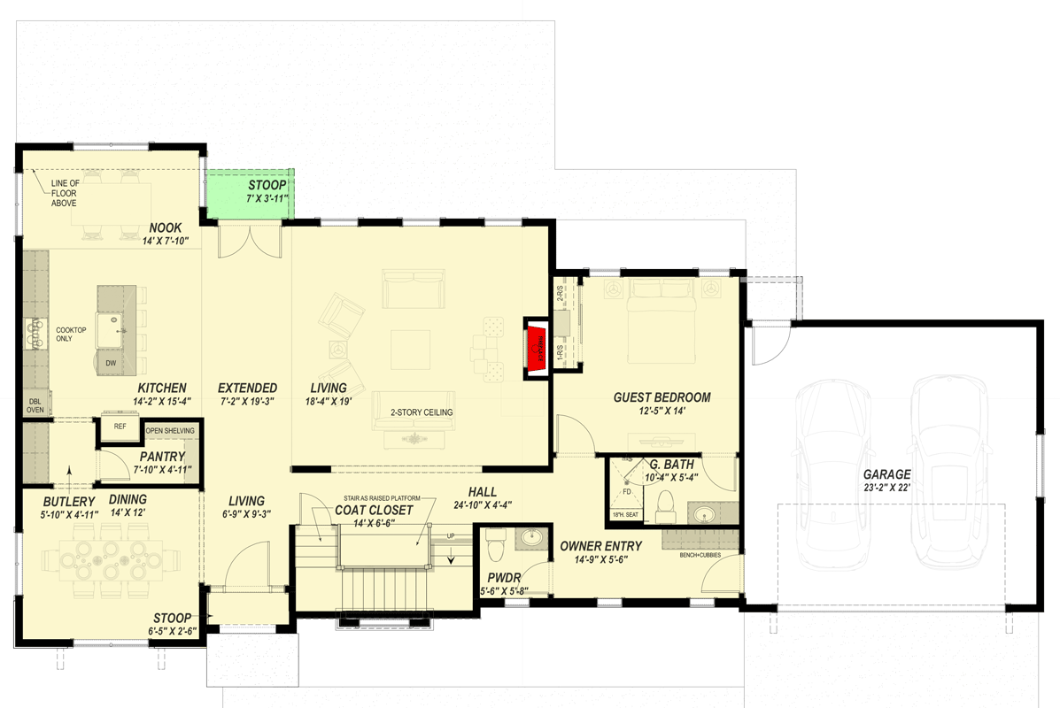 Plan 64557SC: Spacious 4 Bed Transitional House Plan with Two-Story Great Room - Floor Plan - Main Level - Transitional