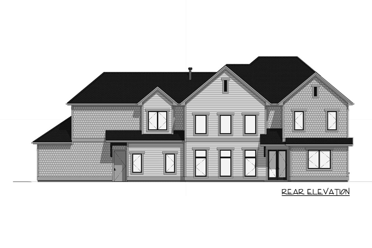 Architectural drawing of a two-story house rear elevation. Features include multiple windows and mixed siding.