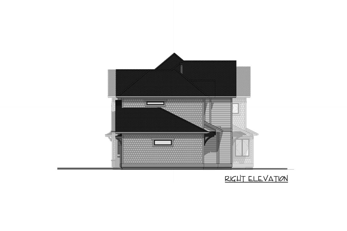 Architectural drawing of a house right elevation, two-story with a complex roof and siding.