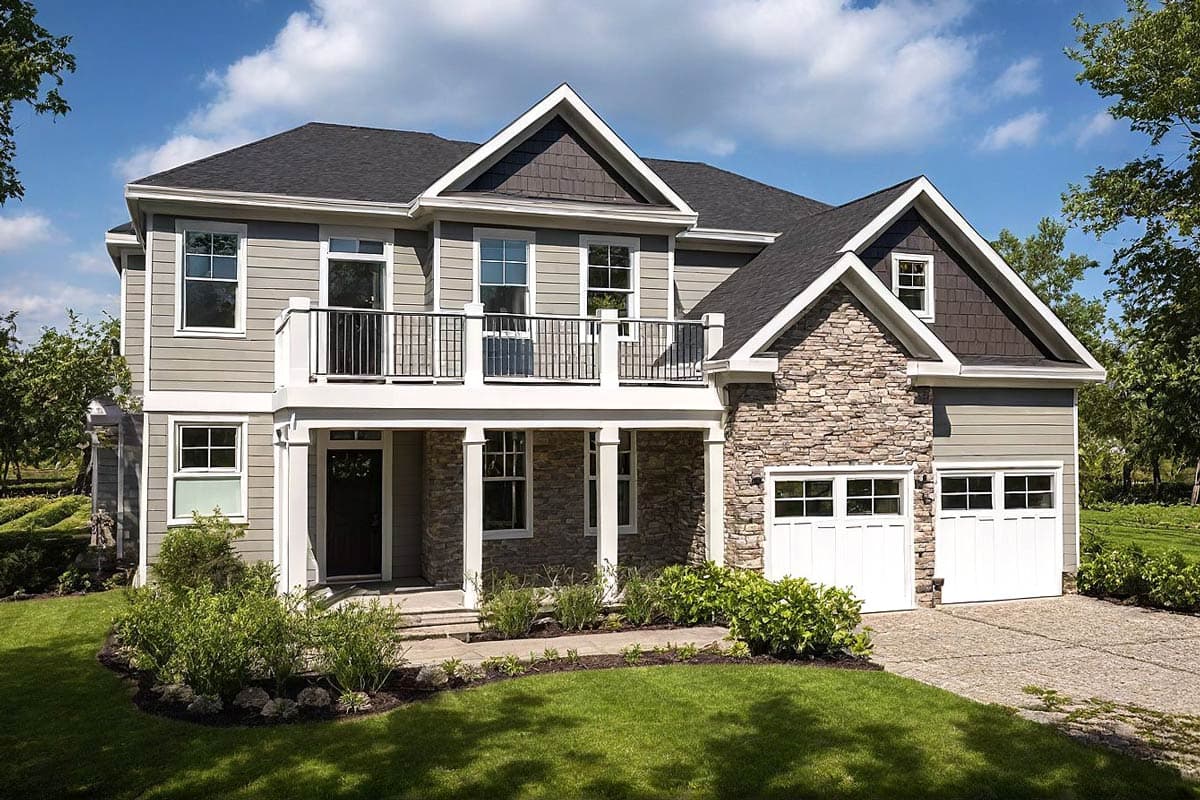 House plan exterior. Two-story home with Craftsman style. Features include a stone facade, balcony with black railing, and multiple gables.