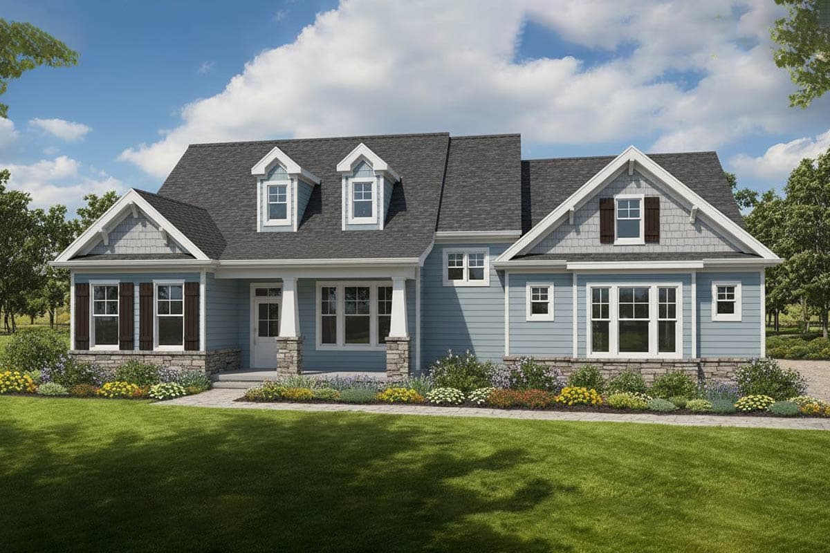 A craftsman-style house with blue siding, stone accents, and a large green lawn under a sunny, cloudy sky.