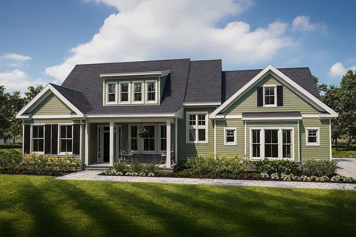 House plan exterior. Two-story Craftsman with front porch, multiple gables, and dormers. Features include dark roof and shutter accents.
