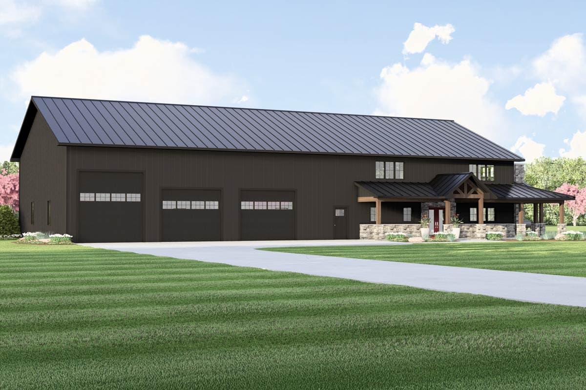 House plan exterior. Two-story Modern Farmhouse with a gabled roof, three garage bays, and a stone-based porch with exposed wood beams.