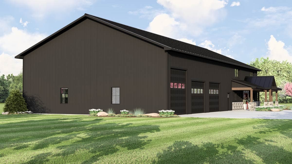 Modern house plan exterior with dark vertical siding, a large gable roof, three garage doors, and a covered entry porch with stone accents.