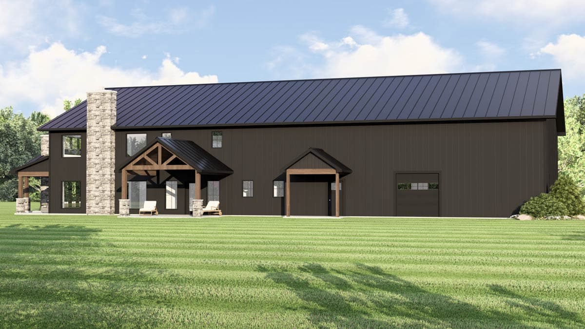 House plan exterior: Modern style, dark vertical siding, metal roof, stone chimney, and covered porches with exposed beams.