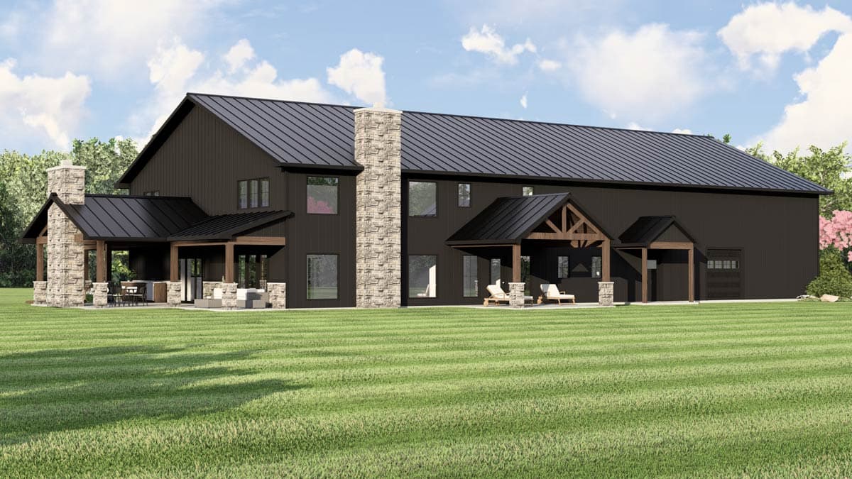 Modern house plan exterior with dark siding, stone accents, metal roof, covered porches, and a garage.