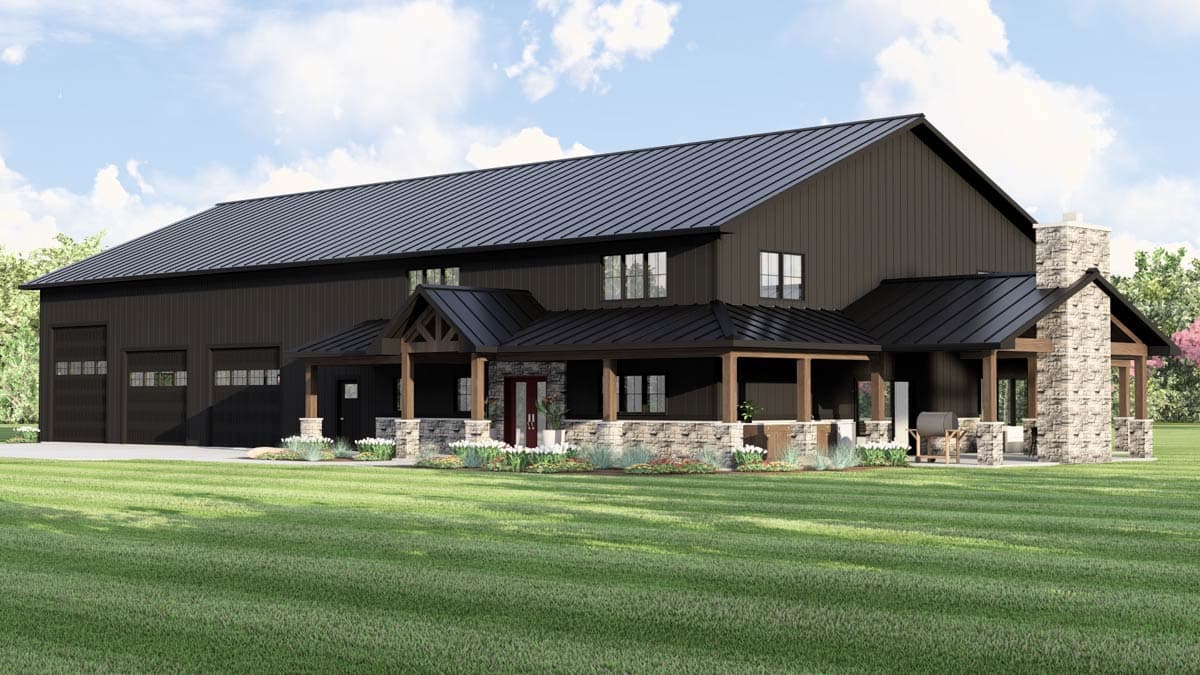 House plan exterior: Modern Farmhouse style with three garage doors, covered porch, and stone chimney.