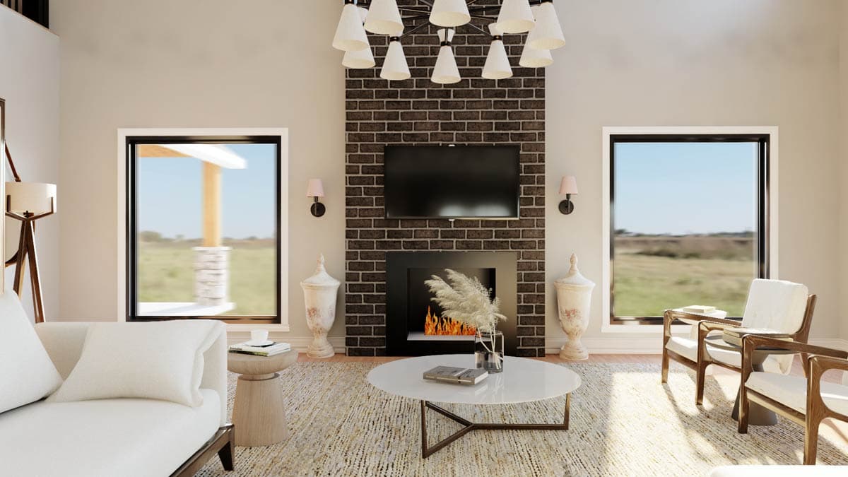 Interior view of a living room with a brick fireplace, television, two windows, and modern furniture.