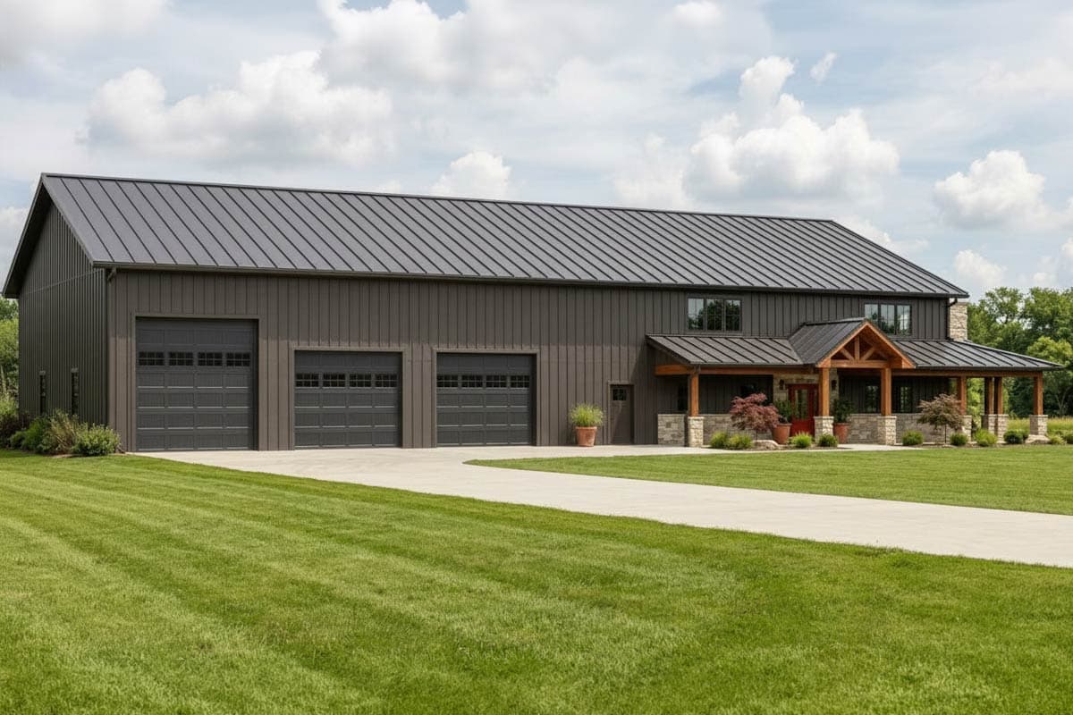 House plan exterior. Two-story Modern Farmhouse with a gabled roof, three garage bays, and a stone-based porch with exposed wood beams.