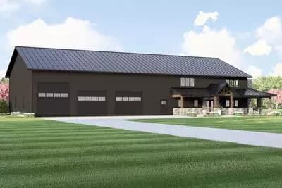 Barndominium House Plan with Integrated Workshop and Wrap-Around Porch