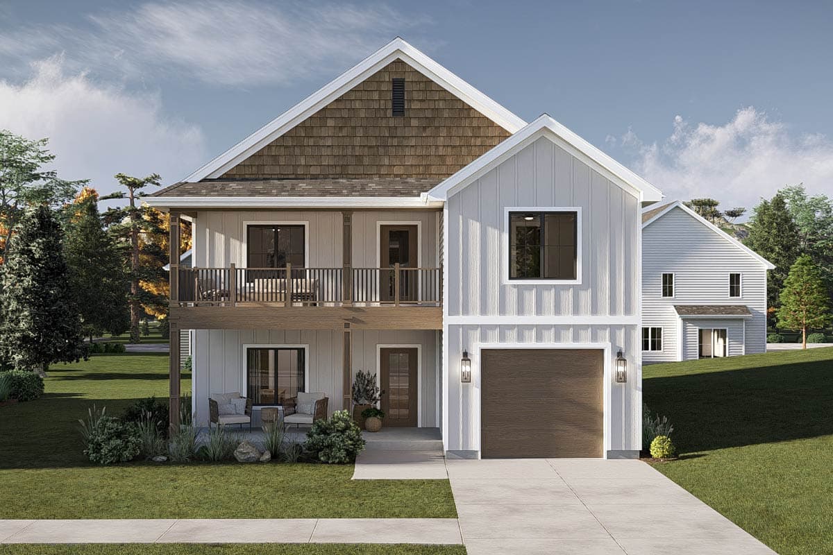 House plan exterior. Two-story Modern Farmhouse with a gabled roof, a two-story covered porch, and a single-car garage.