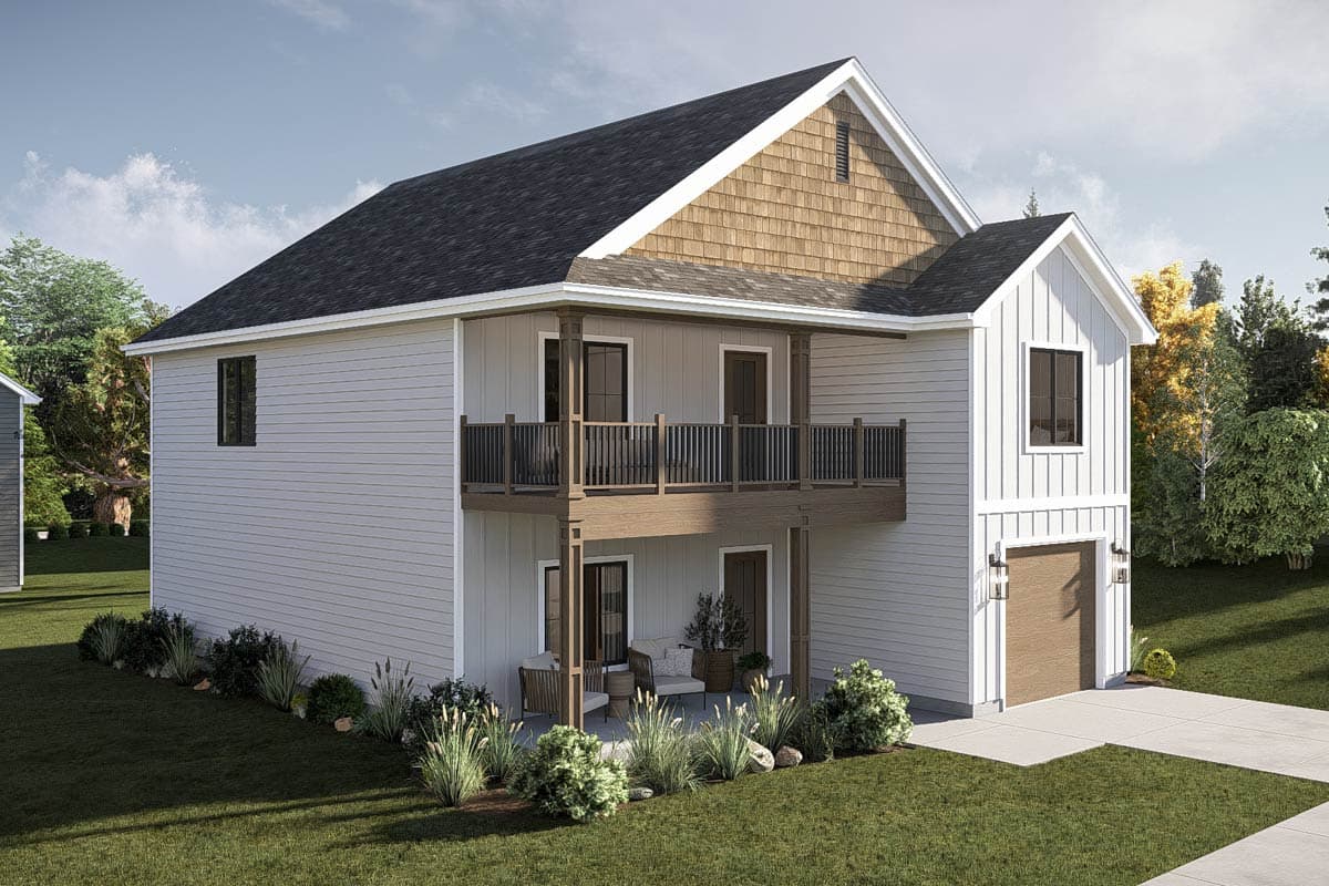 House plan exterior: Two-story home with shingled gable, upper-level balcony, and front-facing garage.