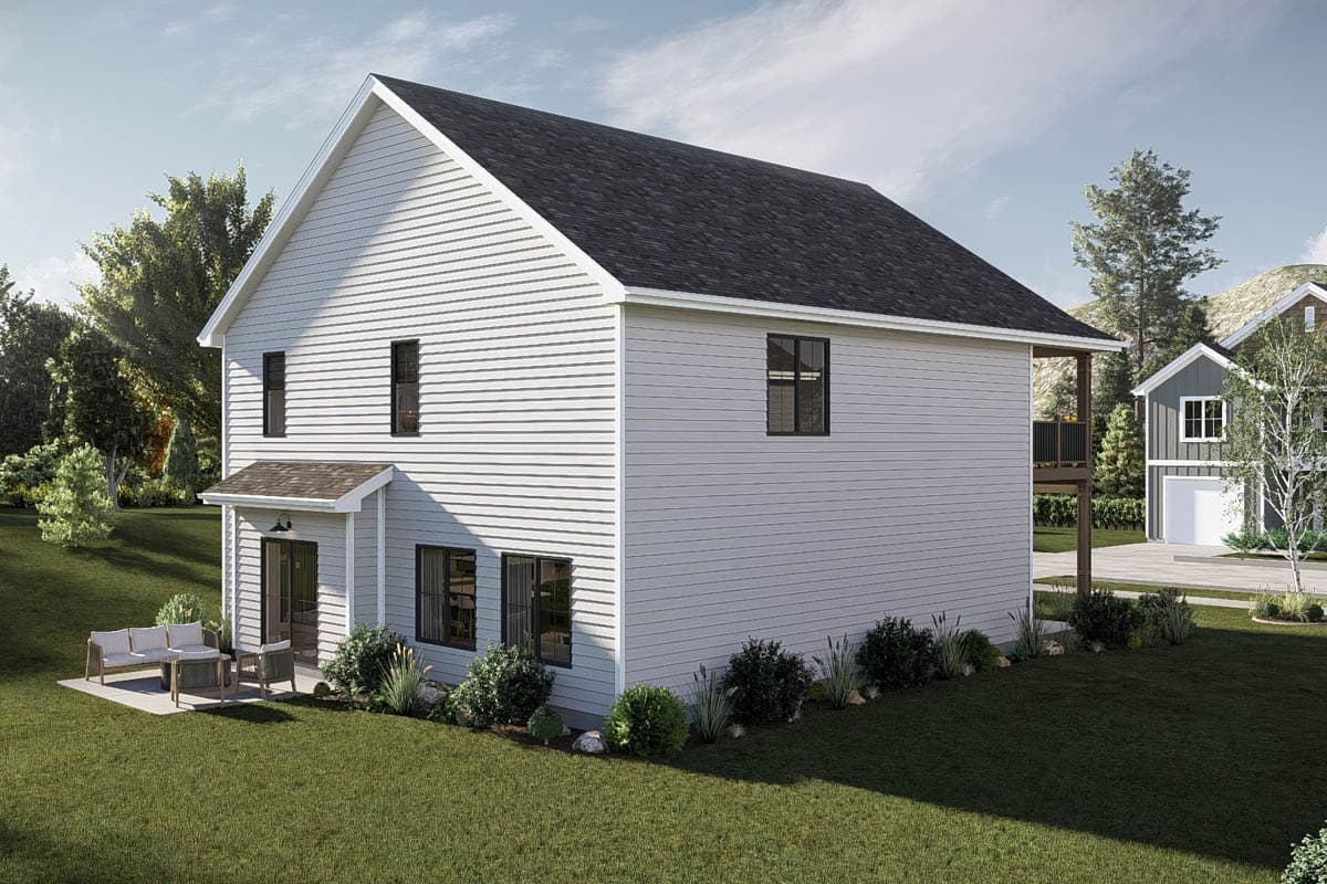 House plan exterior: two-story home with white siding, gable roof, covered entry, and rear deck.