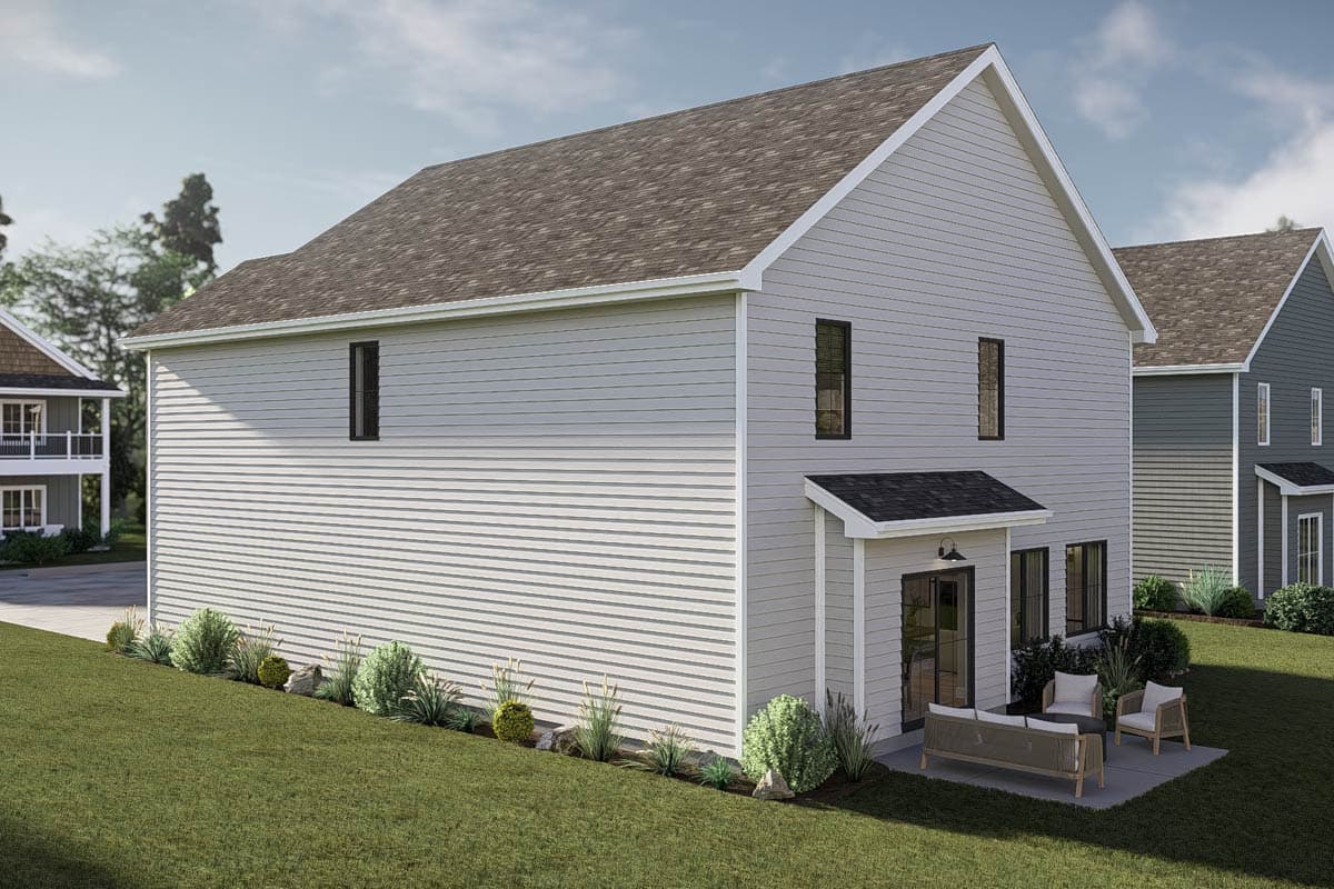 House plan exterior view of a two-story home with horizontal siding, gable roof, and a small covered patio.