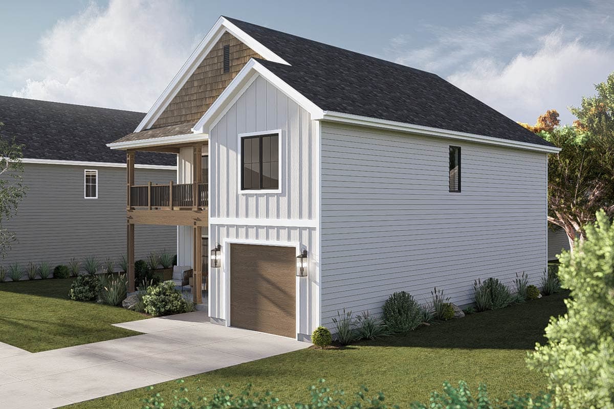 House plan exterior: Modern Farmhouse style with vertical siding, gabled dormer, and an elevated deck above the garage.